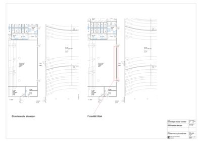 Plantegning som viser eksisterende og foreslått tilstand for vinduer i en bygning.
