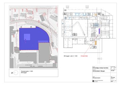 Bildet viser en situasjonsplan (1:1000) for BB-bygget, som viser bygningens plassering i forhold til nabolag, veier og topografi.