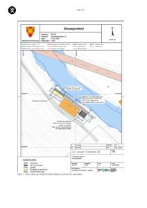 Situasjonskart som viser tomtens beliggenhet, grenser, topografi og planlagt utnyttelse (bygg, parkering, container).