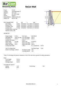Teknisk beregningsrapport for en ReCon veggmur, som viser geometri, jordparametere, sikkerhetsfaktorer og en skjematisk tverrsnittsbilde.