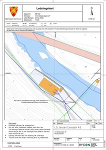 Situasjonsplan (ledningskart) som viser vann- og avløpsledninger i forhold til eiendommen på Vormedalsvegen 27.
