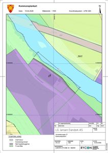 Kommuneplankart som viser eiendomsinndeling, arealbruk og topografi for et område.