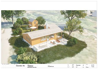 3D-visualisering av en hytteutvidelse med omgivende natur og eksisterende bygning.