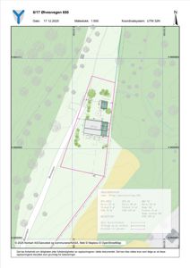 Situasjonsplan for tomt 8/17 Ølvesvegen 650 med tegnet bygning, beplantning, vei og arealregning.