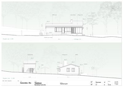 Fasadetegning som viser bygningens utseende sett fra sør og vest, inkludert høyder, mål og terrengforhold.