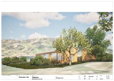 3D-visualisering av en hytteutvidelse med omgivelsene (trær, fjell) inkludert.