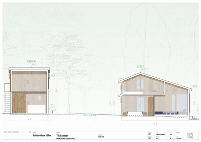 Snittegning som viser tverrsnitt gjennom en hytte og en utebod, inkludert høyder, romfordeling og konstruksjonsdetaljer.