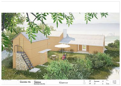 3D-visualisering (rendering) av en hytte med omgivelser, inkludert trapp, uteområde og vegetasjon.