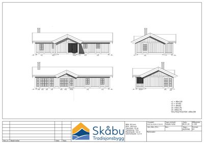 Fasadetegning som viser bygningens utsyn fra fire ulike vinkler (for, bak, venstre og høyre side).
