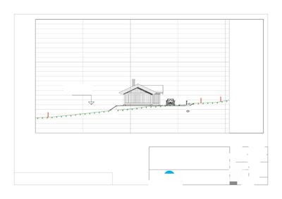 Snittegning som viser bygningens høydeprofil i forhold til terrenget (OK 1031), grunnmur, takhøyde og terrengforhold.
