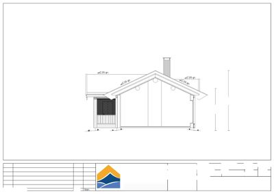 Fasadetegning av en hytte med mål og detaljer om tak og høyder