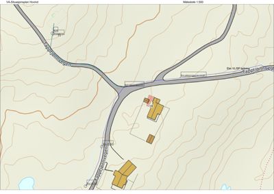 Situasjonsplan (VA-Situasjonsplan) som viser tomt, vegnett, eksisterende ledninger og bygninger.