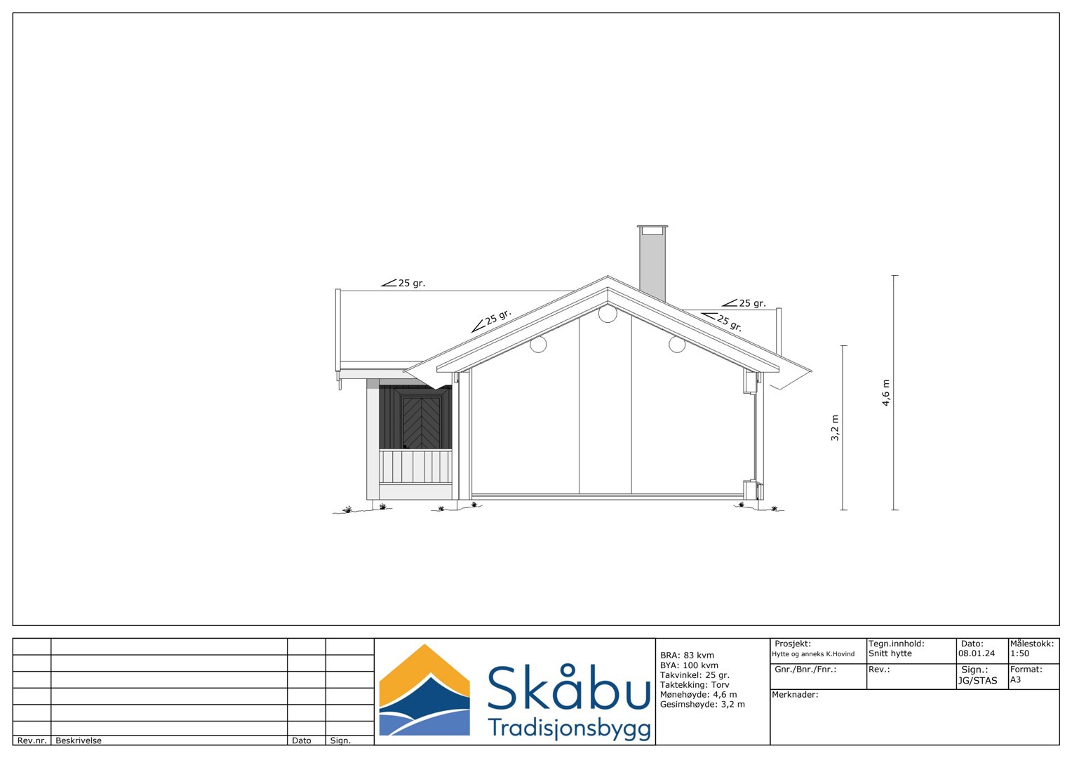 Fasadetegning av en hytte med mål og detaljer om tak og høyder