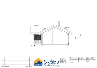 Fasadetegning av en hytte med mål og detaljer om tak og høyder