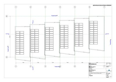 Fasadetegning som viser bygningens utseende fra flere vinkler (Nord, Sør, Vest, Øst) med mål og akser.