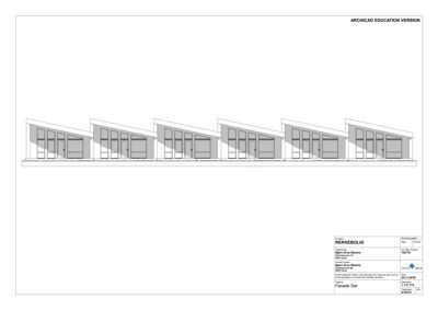 Fasadetegning som viser fronten av en rekkehusbebyggelse med skrå tak.