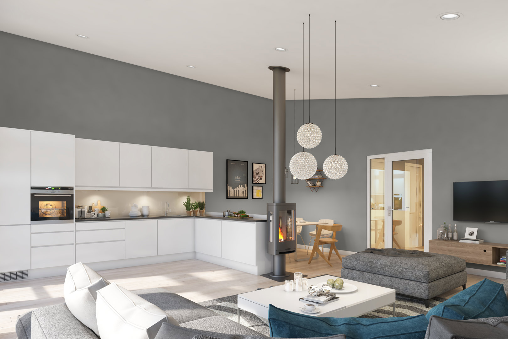 3D-visualisering av et moderne stue- og kjøkkenområde.