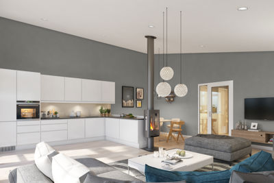 3D-visualisering av et moderne stue- og kjøkkenområde.
