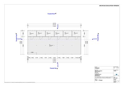 Fasadetegning med oppriss av bygning sett fra nord, vest, øst og sør, inkludert mål og romnummer.