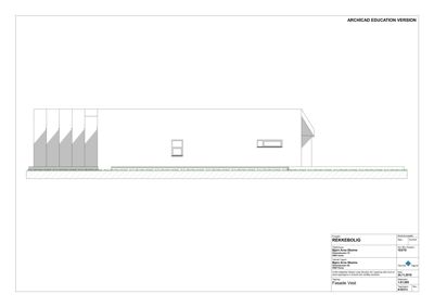 Fasadetegning av en bygning sett fra vest, som viser utvendige vegger, vinduer og taklinjer.