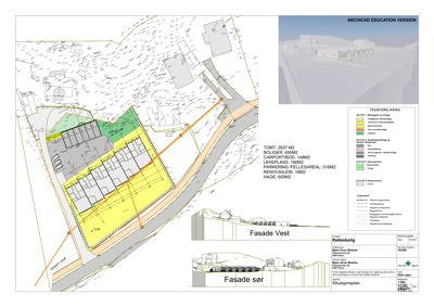 Situasjonsplan som viser tomtens grenser, bygningens plassering, arealoppdelinger (bebyggelse, lekeplass, parkering) og fasadeopprikk.
