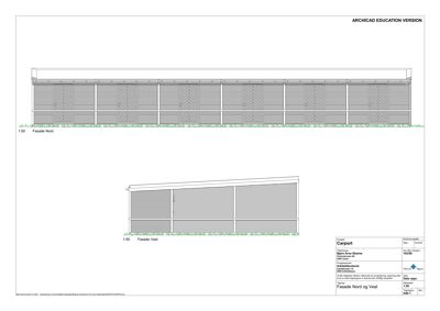 Fasadetegning som viser oppriss av bygningens vest- og nordside.