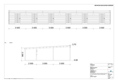 Snittegning (Snitt A og B) av en carport som viser høydeforskjeller og takkonstruksjon.