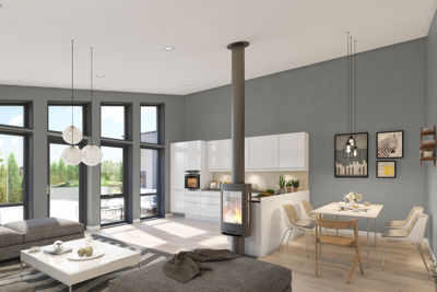 3D-visualisering av et moderne, innredet stue- og kjøkkenområde.