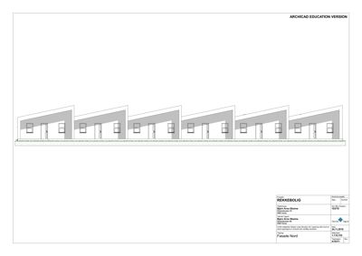 Fasadetegning som viser fronten av en rekkehusbebyggelse sett fra siden.