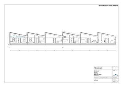 Snittegning (Snitt B) som viser tverrsnittet av en rekkehusbygning med romfordeling og konstruksjonsdetaljer.