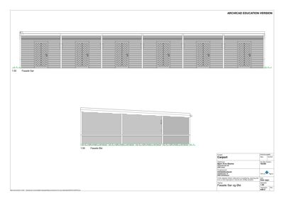 Fasadetegning som viser fronten av en carport sett fra sør og øst.