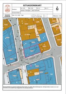 Situasjonskart som viser eiendomsgrenser, naboeiendommer og gater i Ålesund.