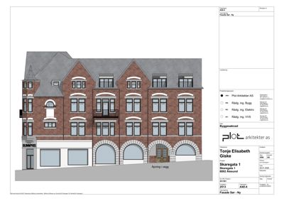 Fasadetegning som viser bygningens utside med vinduer, dører og arkitektoniske detaljer.