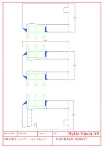 Tegning som viser detaljert oppriss av en vertikal snittkonstruksjon (isokitt) for en fastkarm.