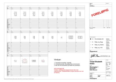 Tegning med detaljerte spesifikasjoner for vinduer, inkludert dimensjoner, materialer og monteringsinstruksjoner.