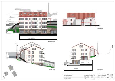 Fasadetegning som viser bygningens utseende fra fire sider (Vest, Øst, Nord, Sør) med detaljer om materialer, høyder og inngang.