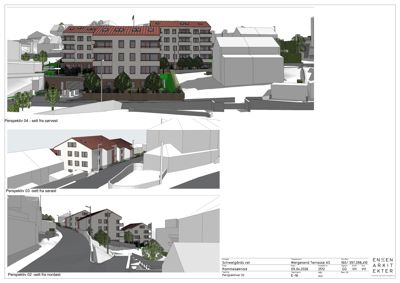 Tre perspektivtegninger (renderinger) av et boligprosjekt sett fra ulike vinkler (sørvest, sørøst og nordøst).