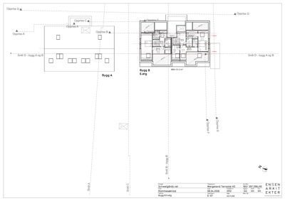 Etasjeplan (6. etasje) som viser romfordeling og plassering for Bygg A og Bygg B.
