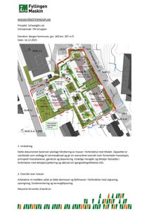Situasjonsplan som viser massehåndteringsplan for et byggeprosjekt, med oppgitt nivåer, snitt og bygningsplassering.
