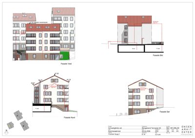 Fasadetegning som viser bygningens utseende fra fire sider (Vest, Øst, Nord, Sør) med mål og detaljer.