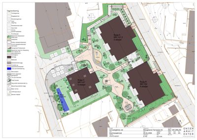 Situasjonsplan som viser tomtens oppdeling i byggefelt, plassering av bygninger (Bygg A, B, C), beplantning, veier og eksisterende/nytt areal.