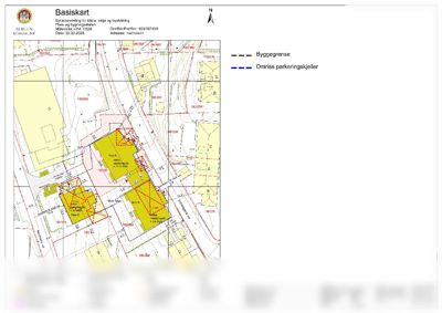 Situasjonsplan (basiskart) som viser tomtens beliggenhet, bygninger, eiendomsgrenser og infrastruktur.