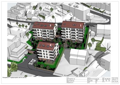 3D-perspektivtegning (rendering) av et boligprosjekt med omgivende bygningsmasse og natur.