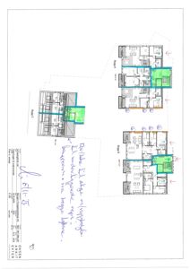 Etasjeplaner for tre bygninger (Bygg A, B og C) med romfordeling, arealoppdelinger og håndskrevne notater om endringer.