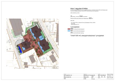 Situasjonsplan som viser tomtens grenser, nabobebyggelse, og plassering av prosjektet med fargekodet arealoppdeling (MUA og fellesareal).