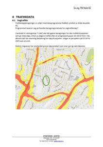 Kart som viser støysoner (gult og rødt) rundt en bygning (grønt) i forhold til vegtrafikk.