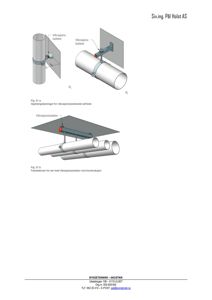 Tegning som viser detaljerte opphengs- og festeskinner for rør med vibrasjonsisolator.