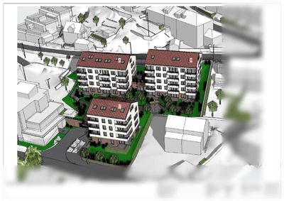 3D-perspektivtegning (rendering) av et boligprosjekt med omgivende bygningsmasse og natur.