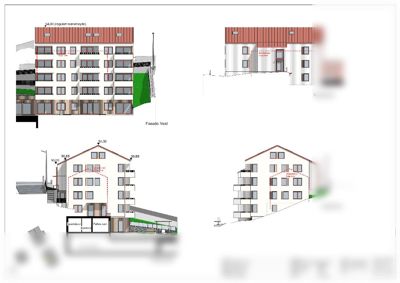 Fasadetegning som viser bygningens utseende fra fire sider (Nord, Sør, Vest, Øst) med mål og detaljer.
