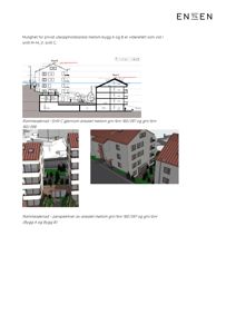 Bildet viser en 3D-visualisering (rendering) av et byggeprosjekt, inkludert et snitt og to perspektivbilder av husene.